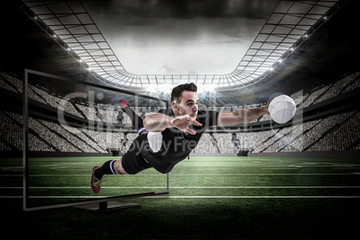 Composite image of rugby player scoring a try