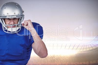 Composite image of american football player standing on one leg