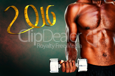 Composite image of serious fit shirtless young man lifting dumbb Composite image of serious fit shirtless young man lifting dumbb
