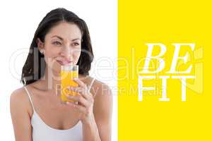 Composite image of woman drinking orange juice