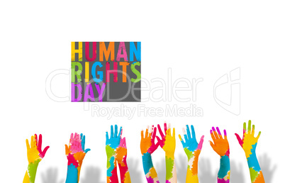 Composite image of group of people raising arms