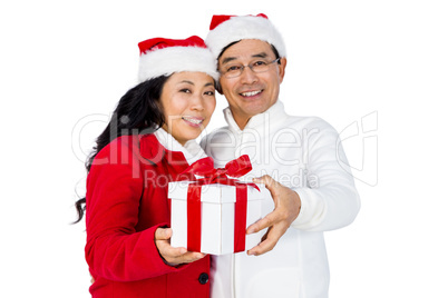 Festive senior couple exchanging gifts