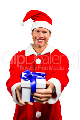 Happy man in santa costume with gift