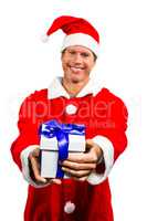 Happy man in santa costume with gift