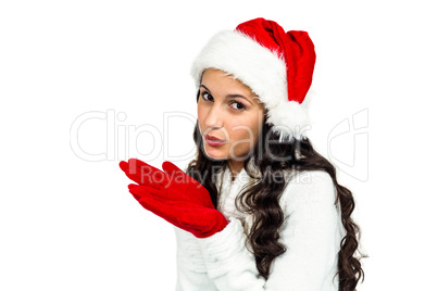 Attractive woman with red gloves blowing kiss