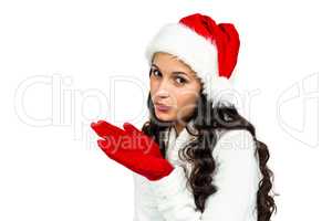 Attractive woman with red gloves blowing kiss