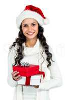Smiling woman with christmas hat holding gifts