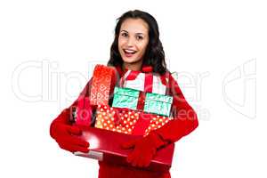 Festive brunette with many gifts