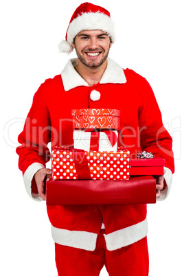 Happy man in santa costume with gifts