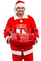Happy man in santa costume with gifts