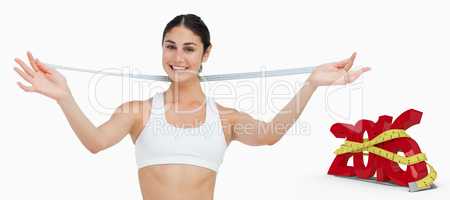 Composite image of smiling slim woman with a measure tape
