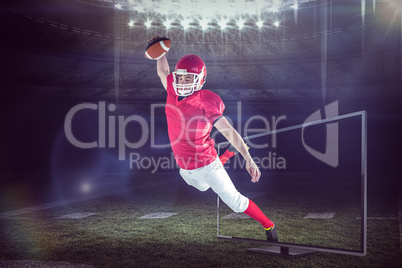 Composite image of american football player scoring a touchdown