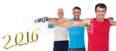 Composite image of fit men lifting dumbbells together