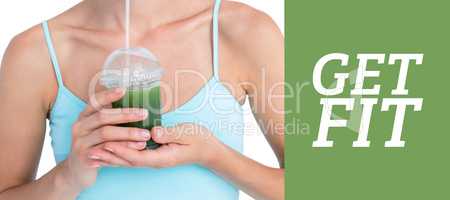 Composite image of attractive blonde drinking green juice