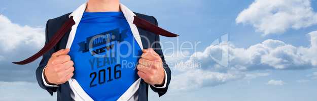 Composite image of businessman opening his shirt superhero style