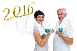 Composite image of fit mature couple exercising with dumbbells