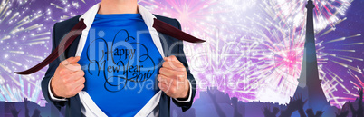 Composite image of businessman opening his shirt superhero style