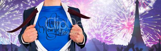 Composite image of businessman opening his shirt superhero style