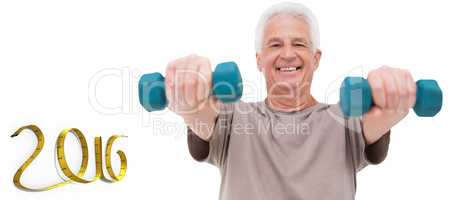 Composite image of senior man lifting hand weights