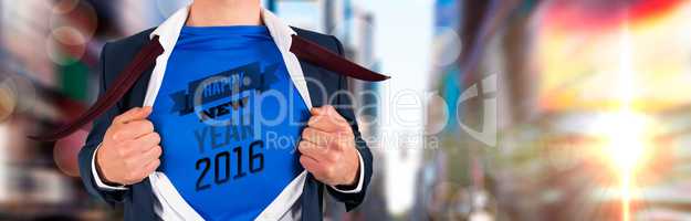 Composite image of businessman opening his shirt superhero style