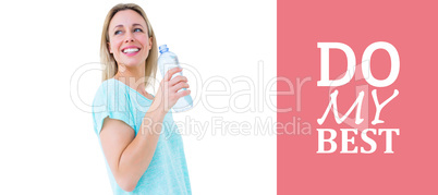 Composite image of smiling blonde holding bottle of water