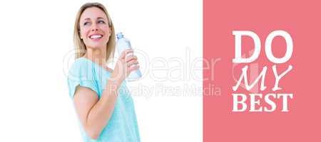 Composite image of smiling blonde holding bottle of water
