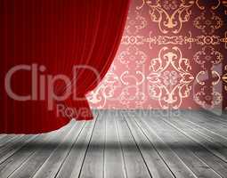 Red curtain pulling back