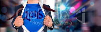 Composite image of businessman opening his shirt superhero style