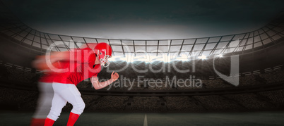 Composite image of american football player running with the ball