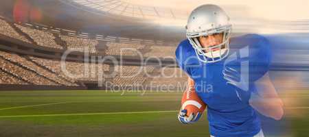 Composite image of portrait of american football player running with ball