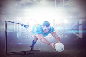 Composite image of rugby player scoring a try