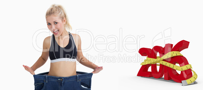 Composite image of thin woman wearing old pants after losing wei