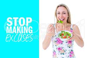 Composite image of smiling blonde eating bowl of salad