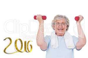 Composite image of senior woman lifting hand weights