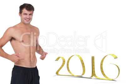 Composite image of fit shirtless man smiling at camera