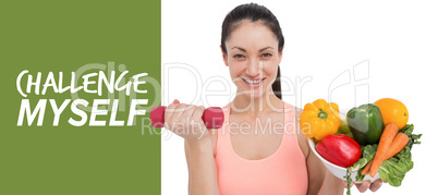 Composite image of fit brunette lifting dumbbell and holding bow