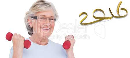 Composite image of senior woman lifting hand weights