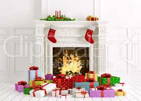 Christmas interior with fireplace and gifts 3d rendering