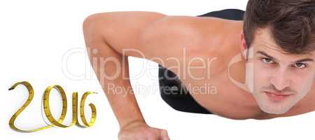 Composite image of fit shirtless man doing push ups
