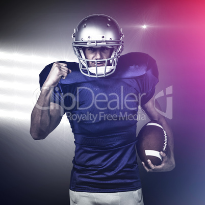 Composite image of portrait of american football player running with ball