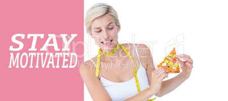 Composite image of pretty blonde choosing between eating pizza o