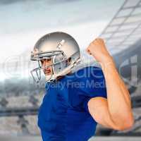 Composite image of american football player looking away while flexing muscles
