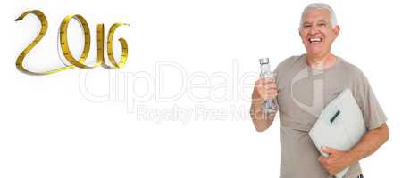 Composite image of cheerful senior man with water bottle and sca