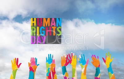 Composite image of group of people raising arms Composite image of group of people raising arms