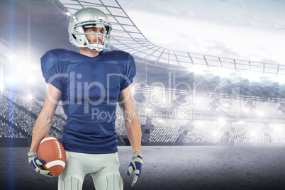 Composite image of american football player looking away while h