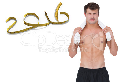 Composite image of fit shirtless man looking at camera