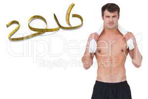 Composite image of fit shirtless man looking at camera