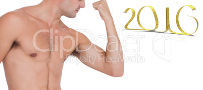 Composite image of fit shirtless man flexing his bicep