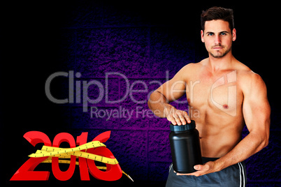 Composite image of portrait of shirtless man holding bottle