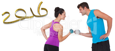 Composite image of fit man and woman lifting dumbbells
